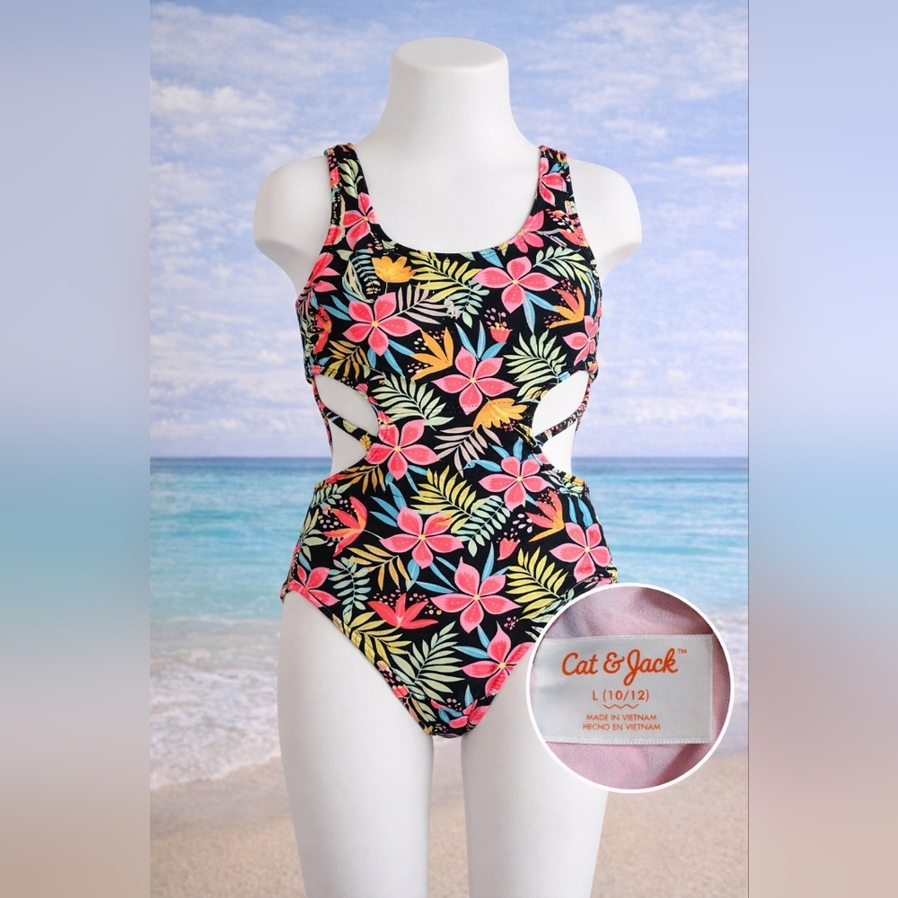 Cat & Jack Girls Floral One Piece Swimsuit L 10/12 Cutout Sides Criss Cross Trop
